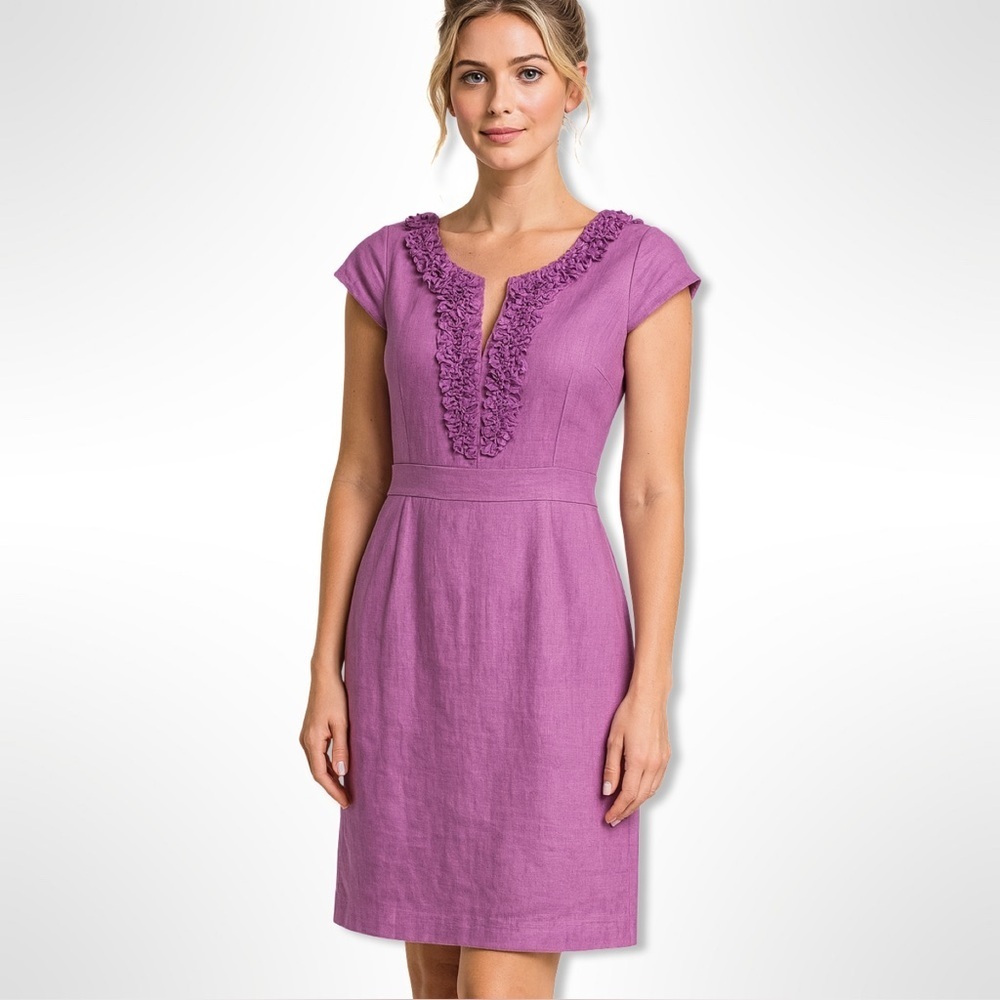 Taylor Lilac Linen Dress w/ Ruffled Split Neck & Exposed Back Zip – Size 6